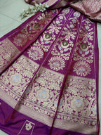 Exquisite Purple Banarasi Pure Katan Silk Flower Design Meenakari Unstitched Lehenga Set - Luxurion World