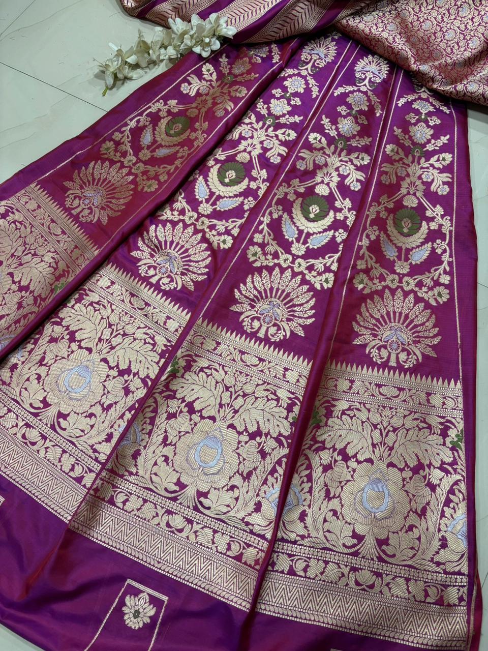 Exquisite Purple Banarasi Pure Katan Silk Flower Design Meenakari Unstitched Lehenga Set - Luxurion World