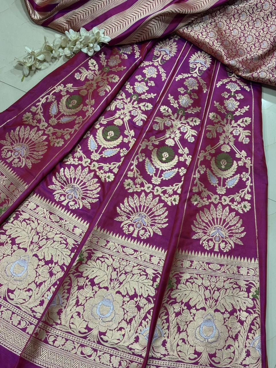 Exquisite Purple Banarasi Pure Katan Silk Flower Design Meenakari Unstitched Lehenga Set - Luxurion World