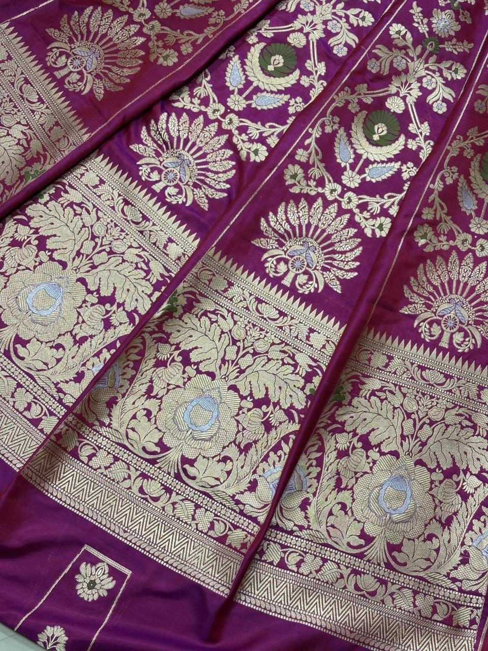 Exquisite Purple Banarasi Pure Katan Silk Flower Design Meenakari Unstitched Lehenga Set - Luxurion World