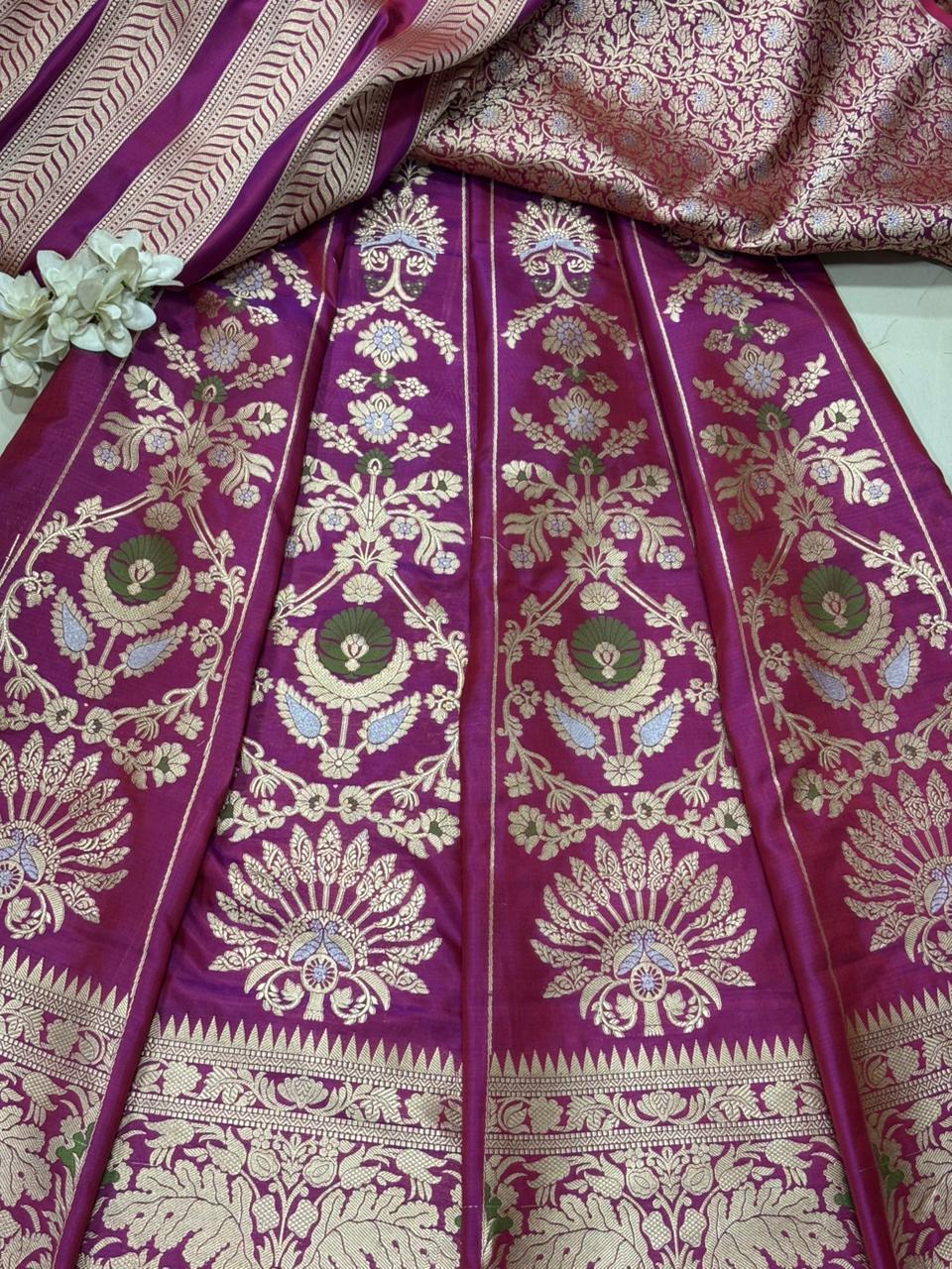 Exquisite Purple Banarasi Pure Katan Silk Flower Design Meenakari Unstitched Lehenga Set - Luxurion World
