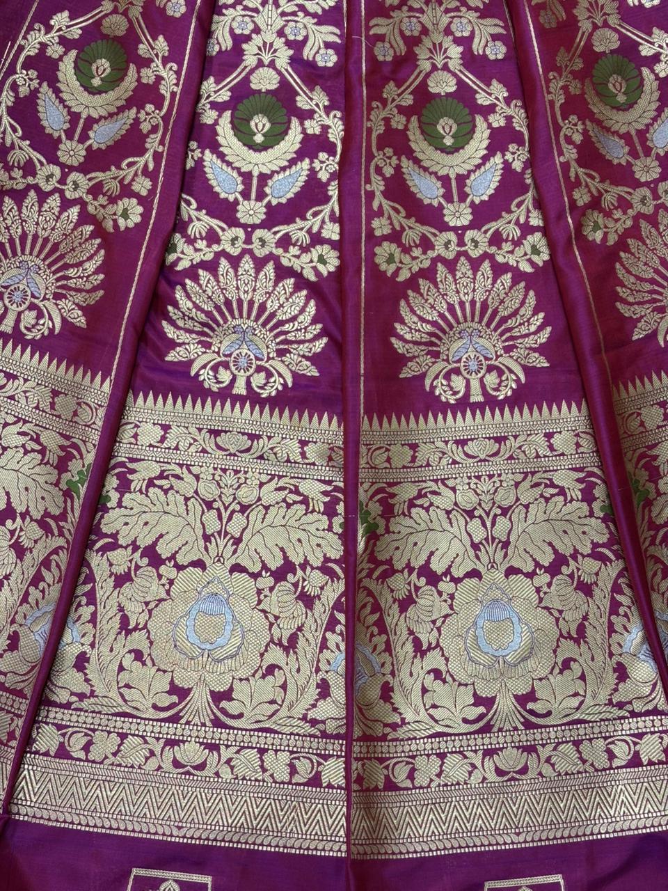 Exquisite Purple Banarasi Pure Katan Silk Flower Design Meenakari Unstitched Lehenga Set - Luxurion World