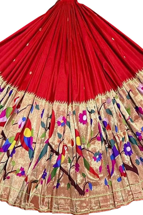 Red Pure Silk Paithani Handloom Lehenga Fabric - Luxurion World