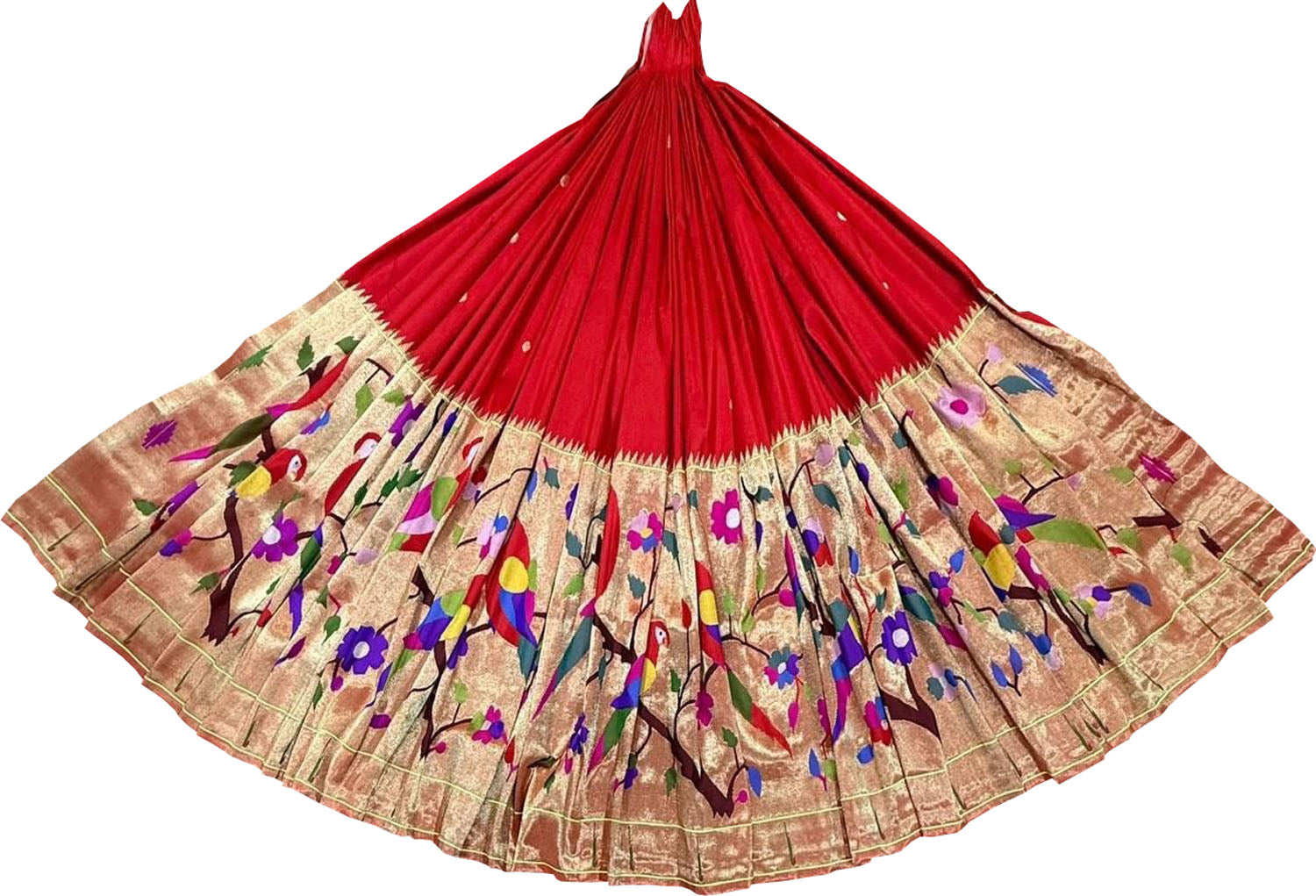 Red Pure Silk Paithani Handloom Lehenga Fabric - Luxurion World