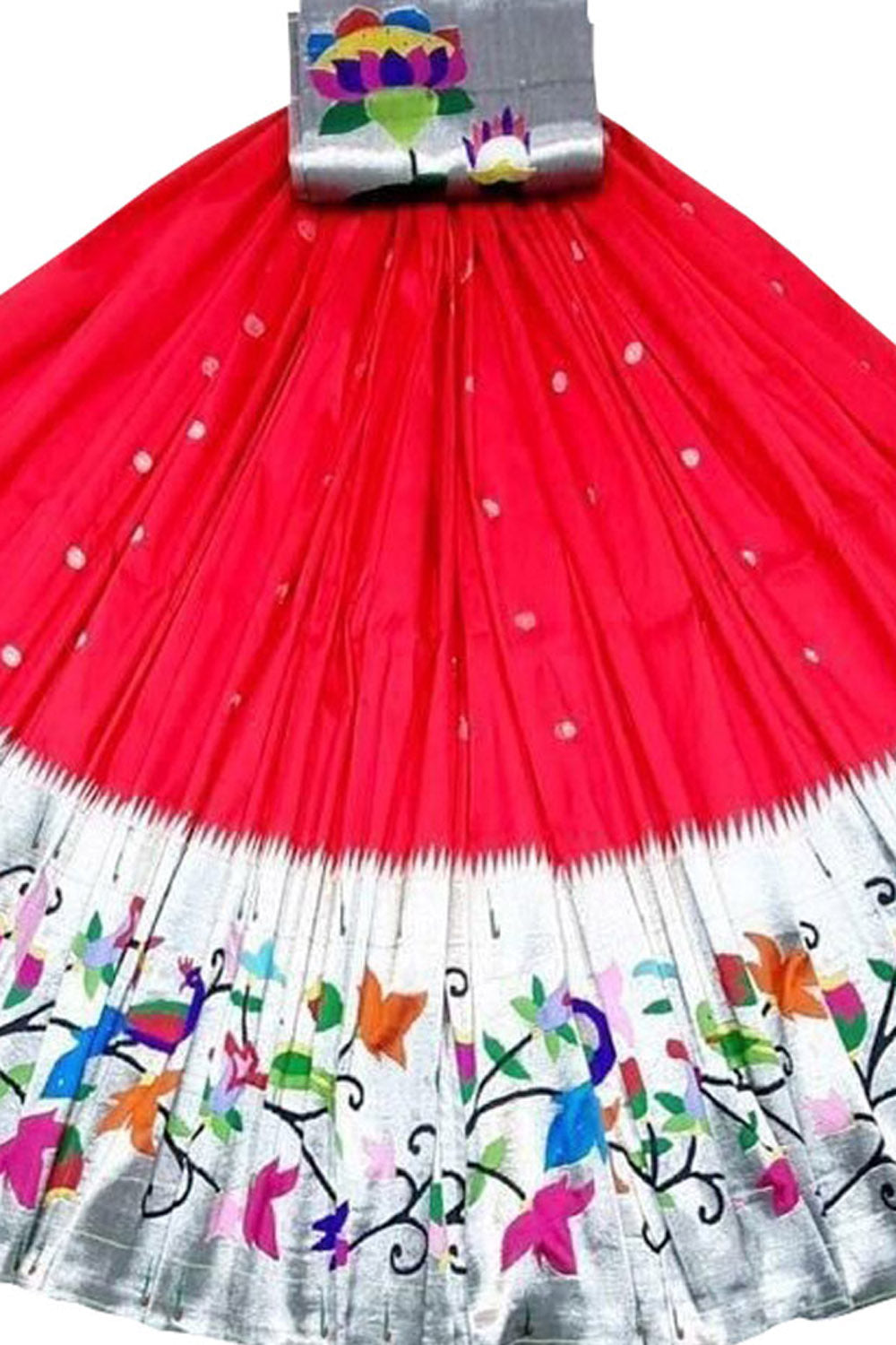 Red Pure Silk Paithani Handloom Lehenga Fabric - Luxurion World
