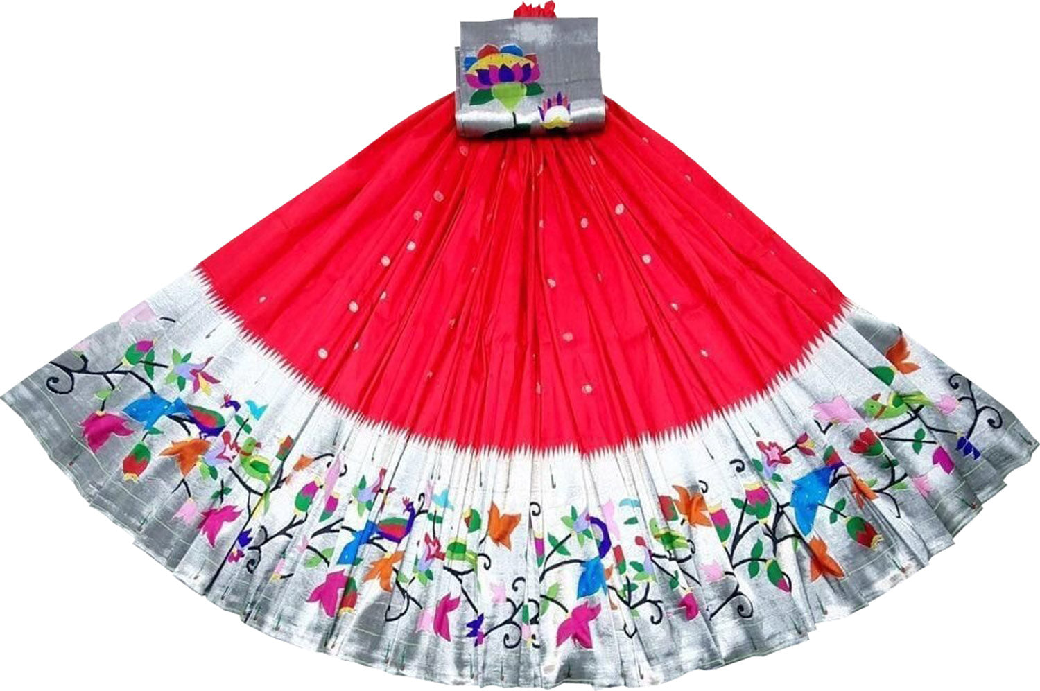 Red Pure Silk Paithani Handloom Lehenga Fabric - Luxurion World