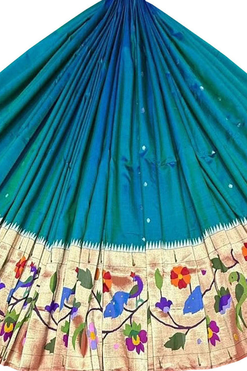 Elegant Blue Pure Silk Paithani Handloom Lehenga Fabric - Luxurion World
