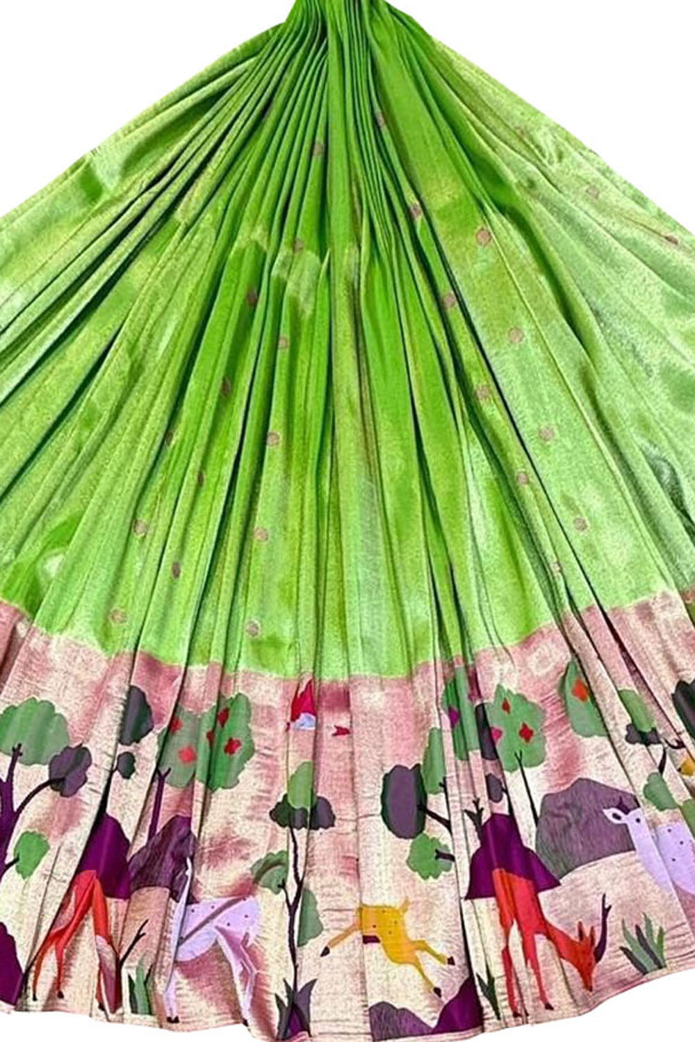 Green Pure Tissue Silk Paithani Handloom Lehenga Fabric - Luxurion World