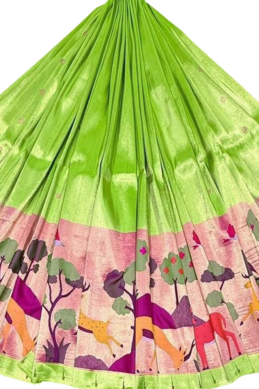 Green Pure Tissue Silk Paithani Handloom Lehenga Fabric - Luxurion World