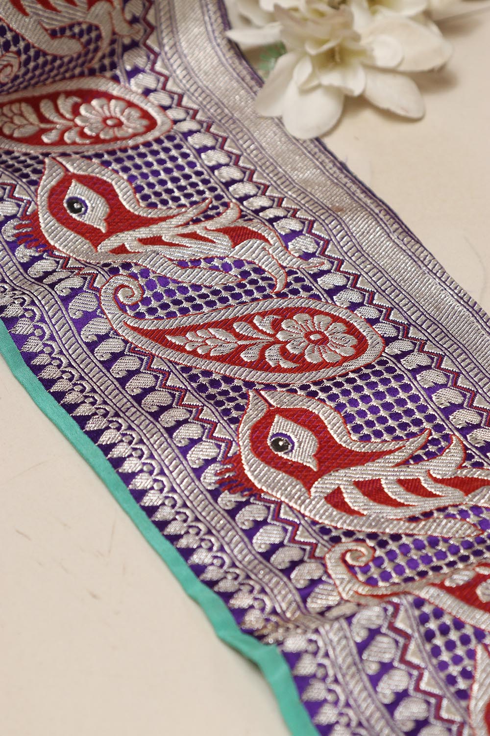 Blue Banarasi Handloom Vintage Pure Silk Border Lace ( 1 Mtr ) - Luxurion World