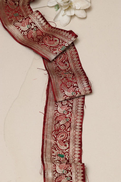 Red Banarasi Handloom Vintage Pure Silk Border Lace ( 1 Mtr ) - Luxurion World