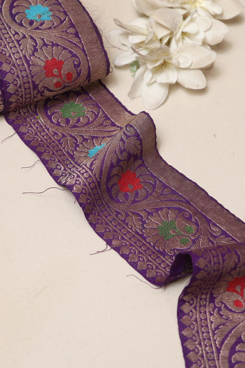 Purple Banarasi Handloom Vintage Pure Silk Border Lace ( 1 Mtr ) - Luxurion World