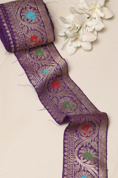 Purple Banarasi Handloom Vintage Pure Silk Border Lace ( 1 Mtr ) - Luxurion World