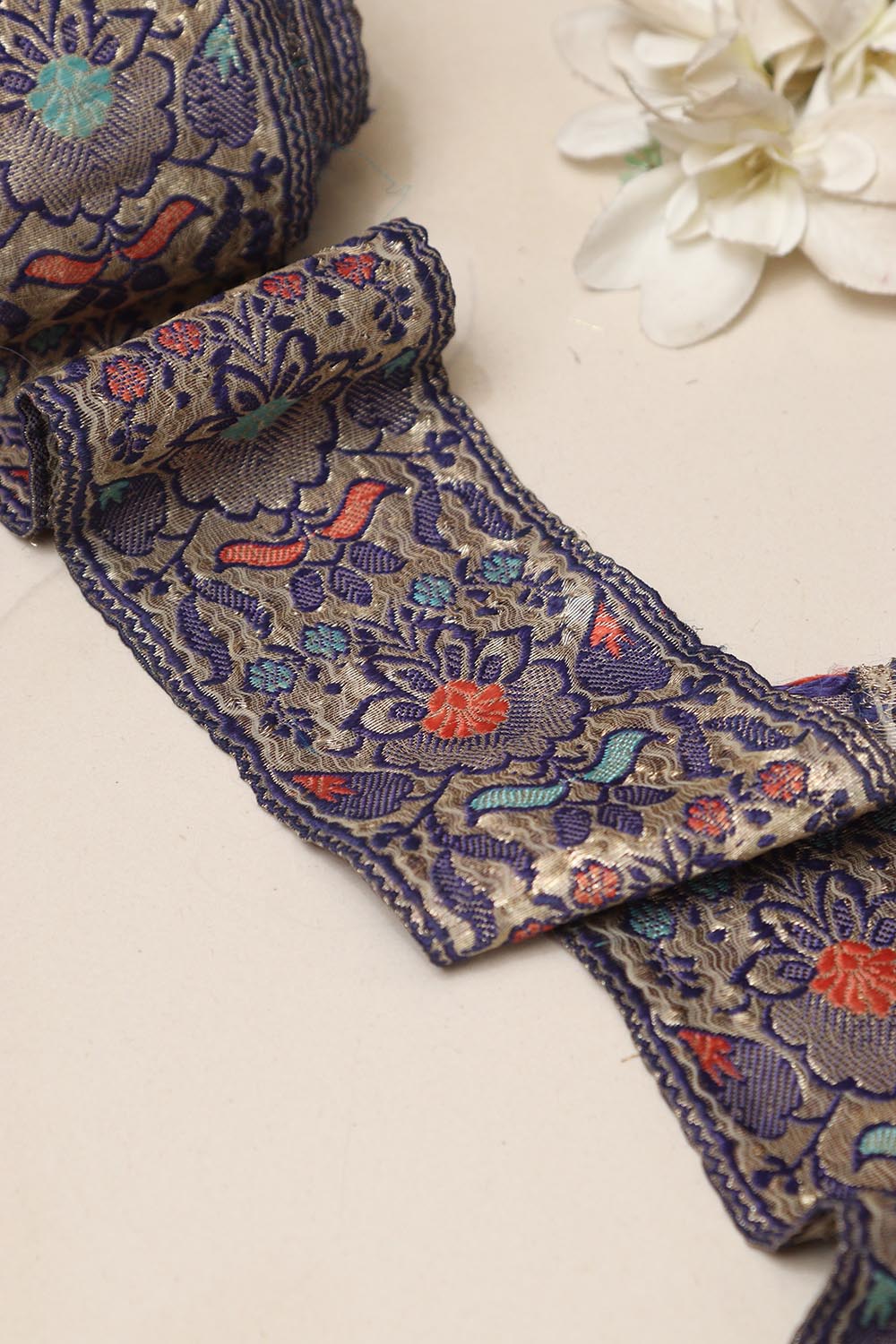 Blue Banarasi Handloom Vintage Pure Silk Border Lace ( 1 Mtr ) - Luxurion World