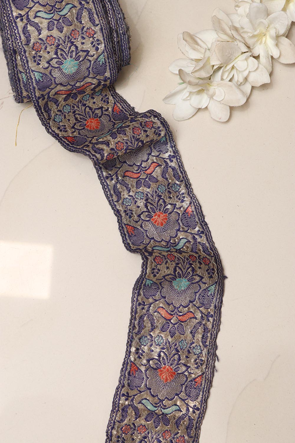 Blue Banarasi Handloom Vintage Pure Silk Border Lace ( 1 Mtr ) - Luxurion World