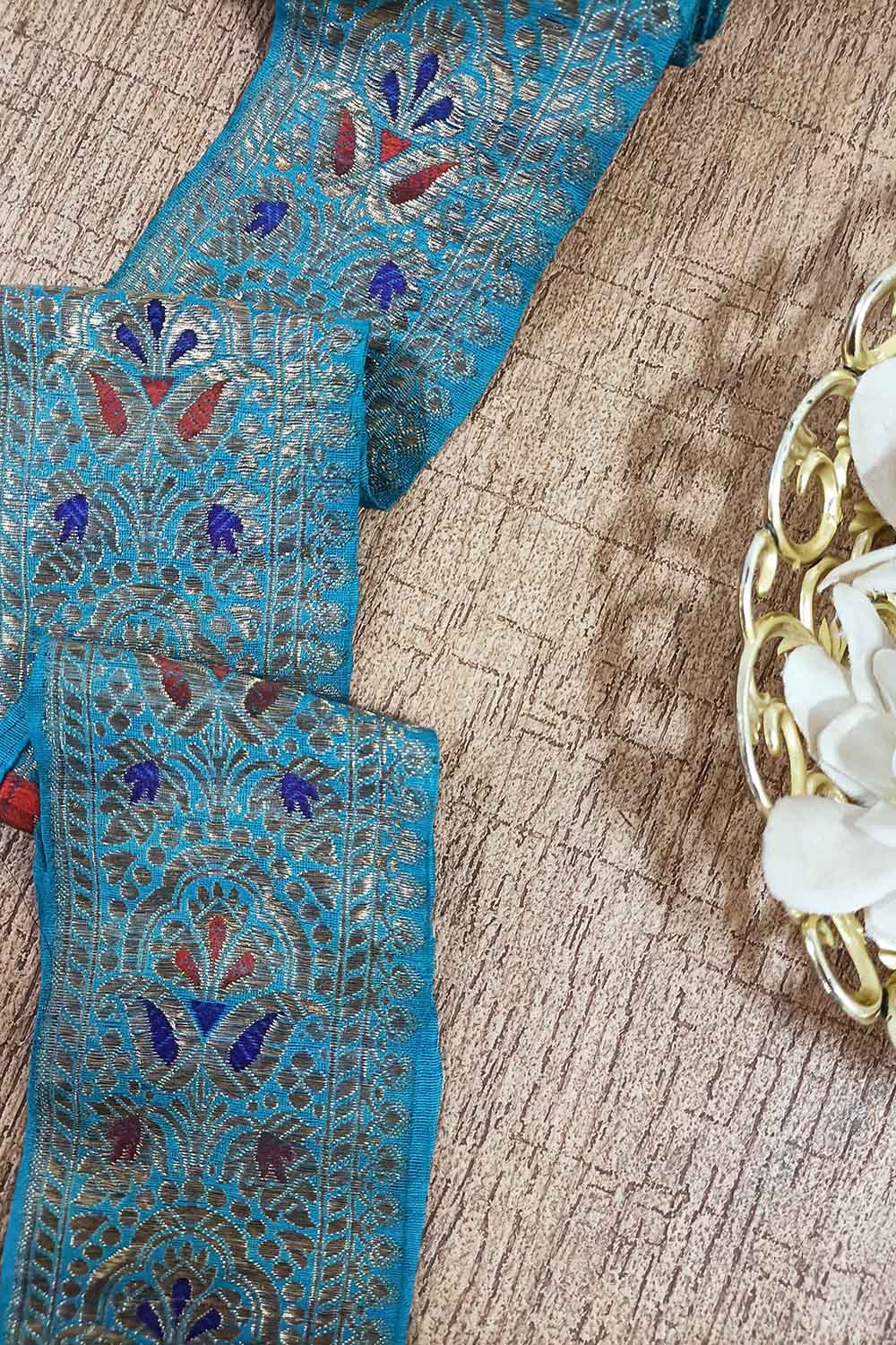 Blue Banarasi Handloom Vintage Pure Silk Border ( 0.75 Mtr ) - Luxurion World