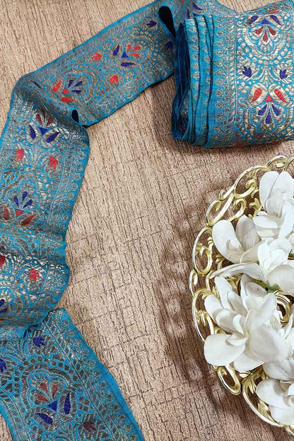 Blue Banarasi Handloom Vintage Pure Silk Border ( 0.75 Mtr ) - Luxurion World