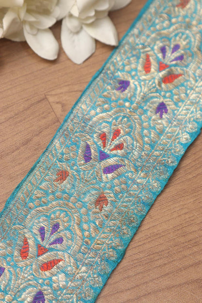 Blue Banarasi Handloom Vintage Pure Silk Border ( 0.5 Mtr ) - Luxurion World