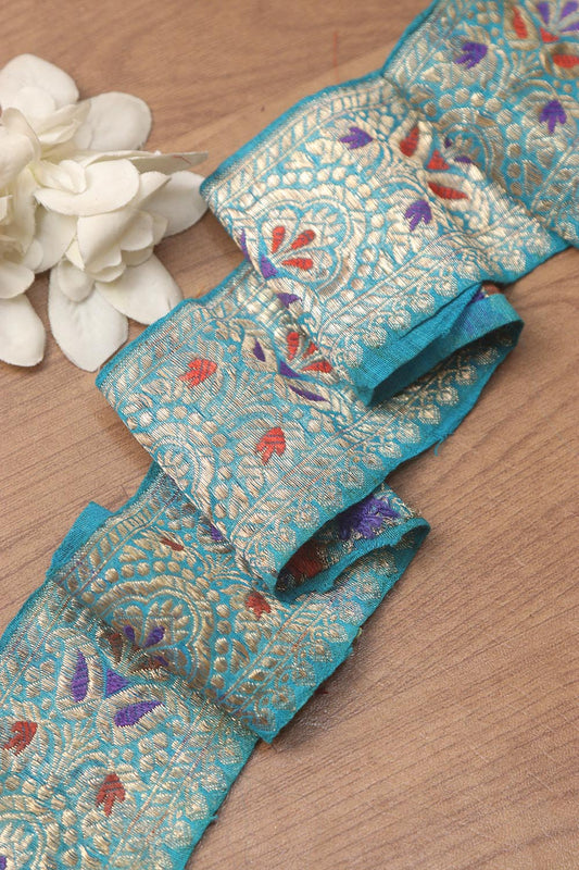 Blue Banarasi Handloom Vintage Pure Silk Border ( 0.5 Mtr ) - Luxurion World