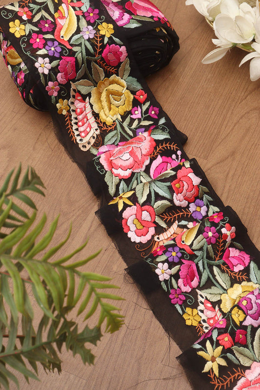 Multicolor Hand Embroidered Parsi Georgette Lace ( 9 Mtr ) - Luxurion World