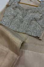 Golden Plain Tissue Silk Saree With Silver Hand Embroidered Dabka And Sequins Work Blouse - Luxurion World