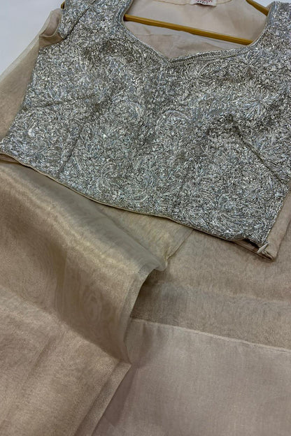 Golden Plain Tissue Silk Saree With Silver Hand Embroidered Dabka And Sequins Work Blouse - Luxurion World