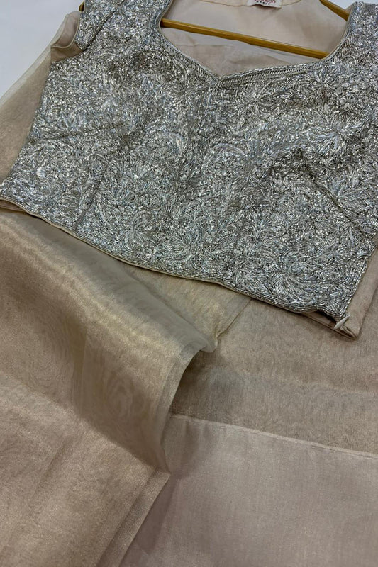 Golden Plain Tissue Silk Saree With Silver Hand Embroidered Dabka And Sequins Work Blouse - Luxurion World