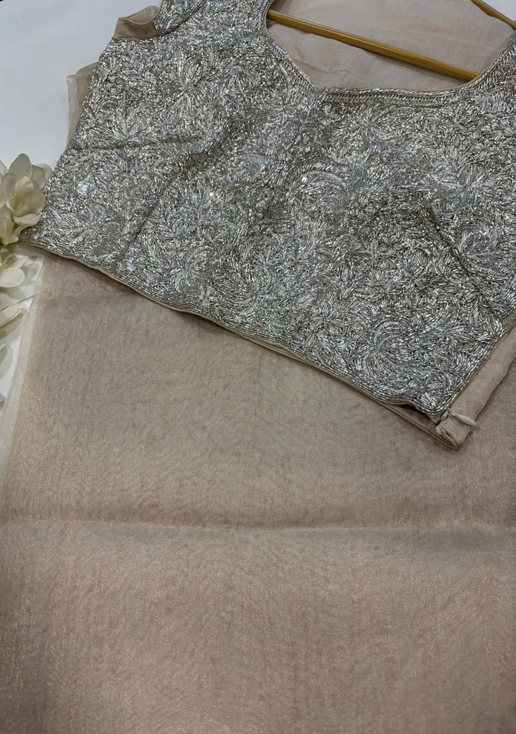 Golden Plain Tissue Silk Saree With Silver Hand Embroidered Dabka And Sequins Work Blouse - Luxurion World