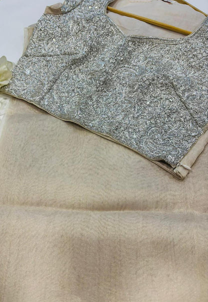 Golden Plain Tissue Silk Saree With Silver Hand Embroidered Dabka And Sequins Work Blouse - Luxurion World