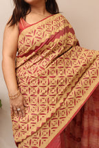 Onion Pink Tussar Cotton Saree With Golden Beige Hand Applique Work - Luxurion World