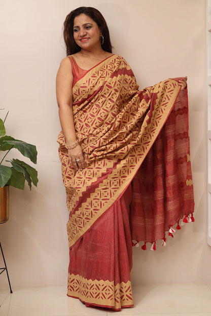 Onion Pink Tussar Cotton Saree With Golden Beige Hand Applique Work - Luxurion World
