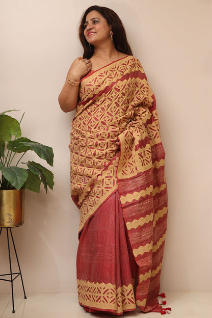 Onion Pink Tussar Cotton Saree With Golden Beige Hand Applique Work - Luxurion World