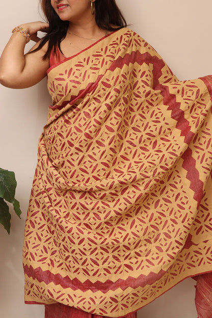 Onion Pink Tussar Cotton Saree With Golden Beige Hand Applique Work - Luxurion World