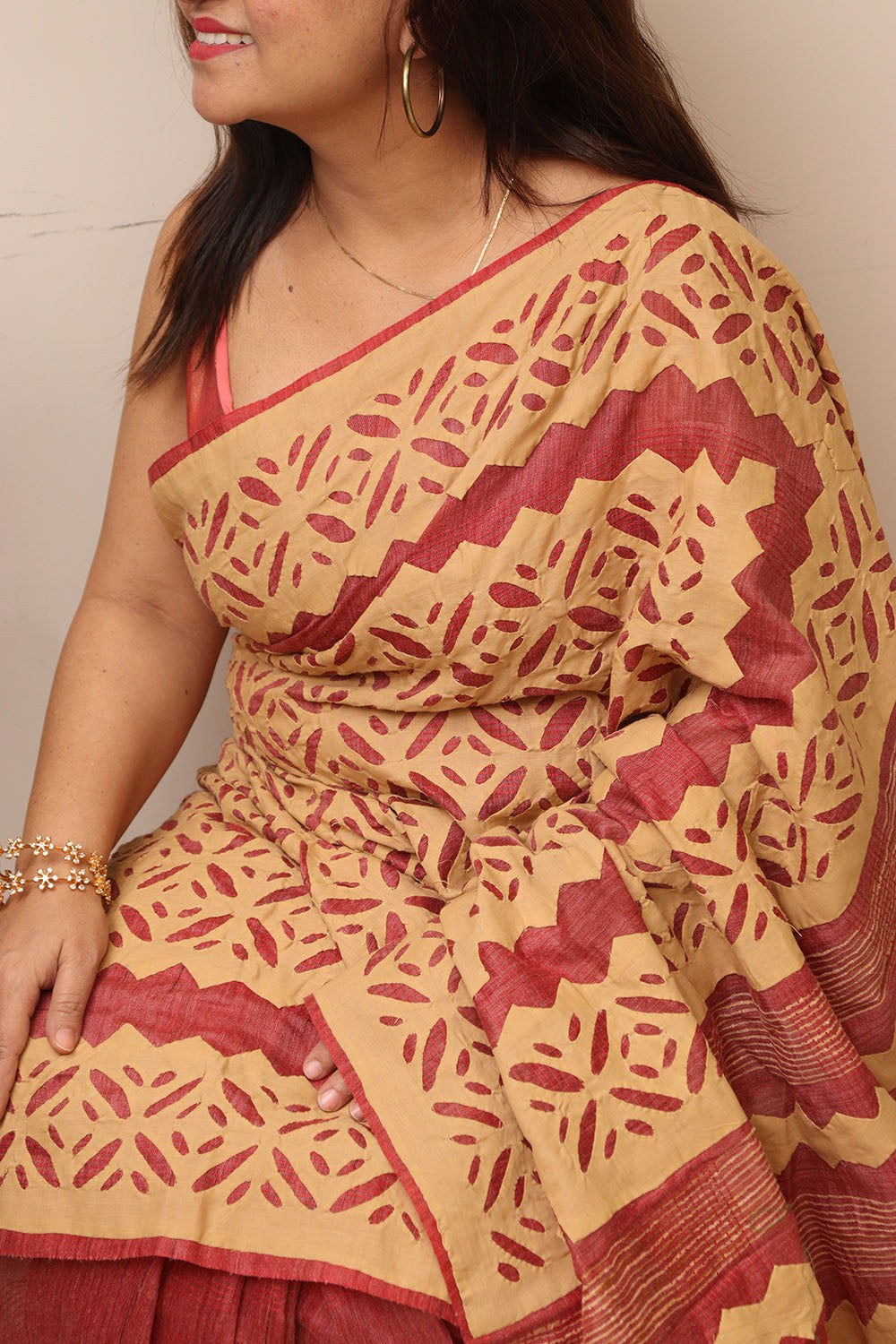 Onion Pink Tussar Cotton Saree With Golden Beige Hand Applique Work - Luxurion World