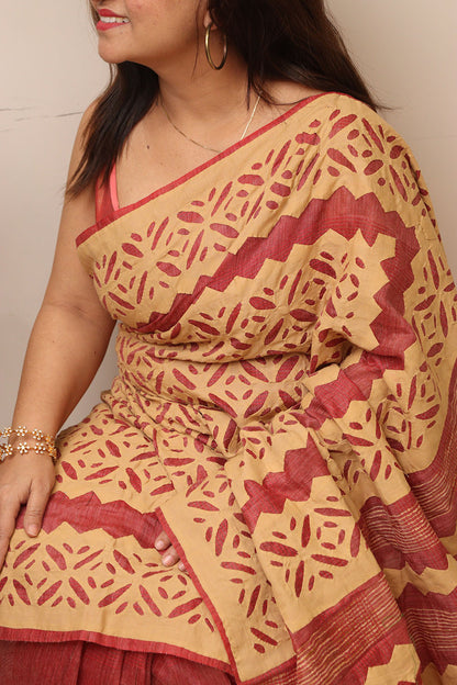 Onion Pink Tussar Cotton Saree With Golden Beige Hand Applique Work - Luxurion World