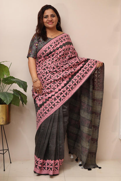 Elegant Grey Tussar Cotton Saree With Pink Hand Applique Work - Luxurion World