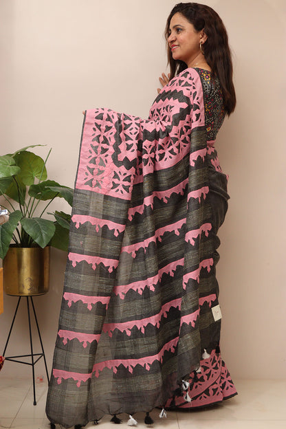Elegant Grey Tussar Cotton Saree With Pink Hand Applique Work - Luxurion World