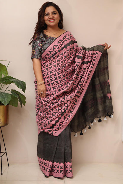 Elegant Grey Tussar Cotton Saree With Pink Hand Applique Work - Luxurion World