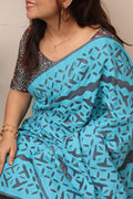Bluish Grey Tussar Cotton Saree With Tarquish Blue Hand Applique Work - Luxurion World