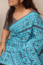 Bluish Grey Tussar Cotton Saree With Tarquish Blue Hand Applique Work - Luxurion World
