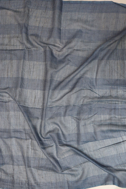 Bluish Grey Tussar Cotton Saree With Tarquish Blue Hand Applique Work - Luxurion World