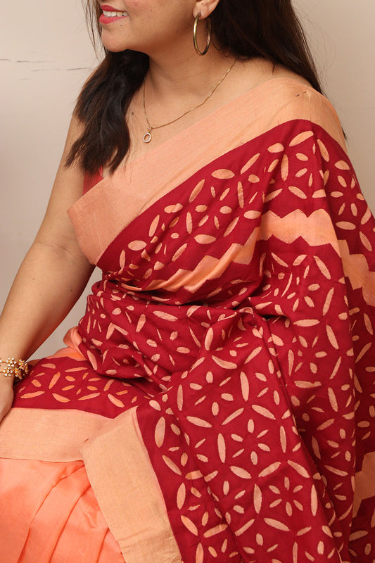 Peach Chanderi Saree With Maroon Hand Applique Work - Luxurion World