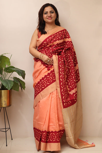 Peach Chanderi Saree With Maroon Hand Applique Work - Luxurion World