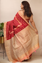 Peach Chanderi Saree With Maroon Hand Applique Work - Luxurion World