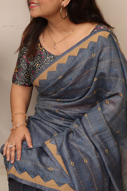 Bluish Grey Cotton Tussar Saree With Kantha Hand Applique Work - Luxurion World