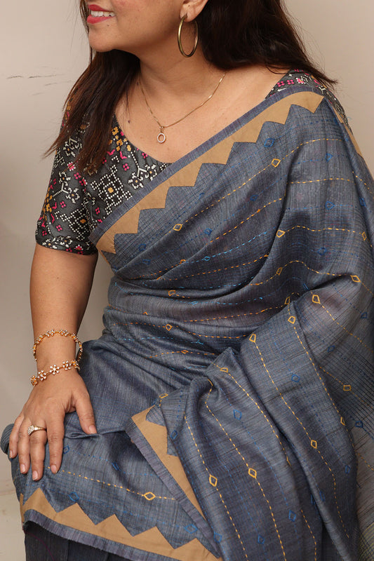 Bluish Grey Cotton Tussar Saree With Kantha Hand Applique Work - Luxurion World