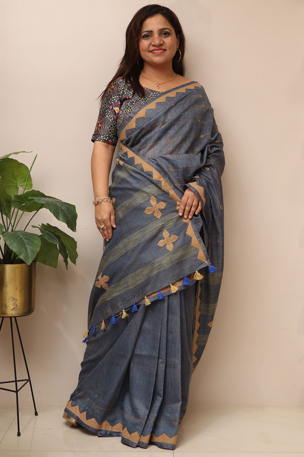 Bluish Grey Cotton Tussar Saree With Kantha Hand Applique Work - Luxurion World