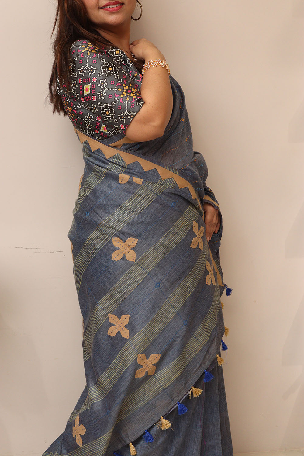 Bluish Grey Cotton Tussar Saree With Kantha Hand Applique Work - Luxurion World