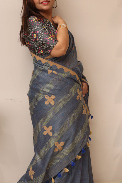 Bluish Grey Cotton Tussar Saree With Kantha Hand Applique Work - Luxurion World