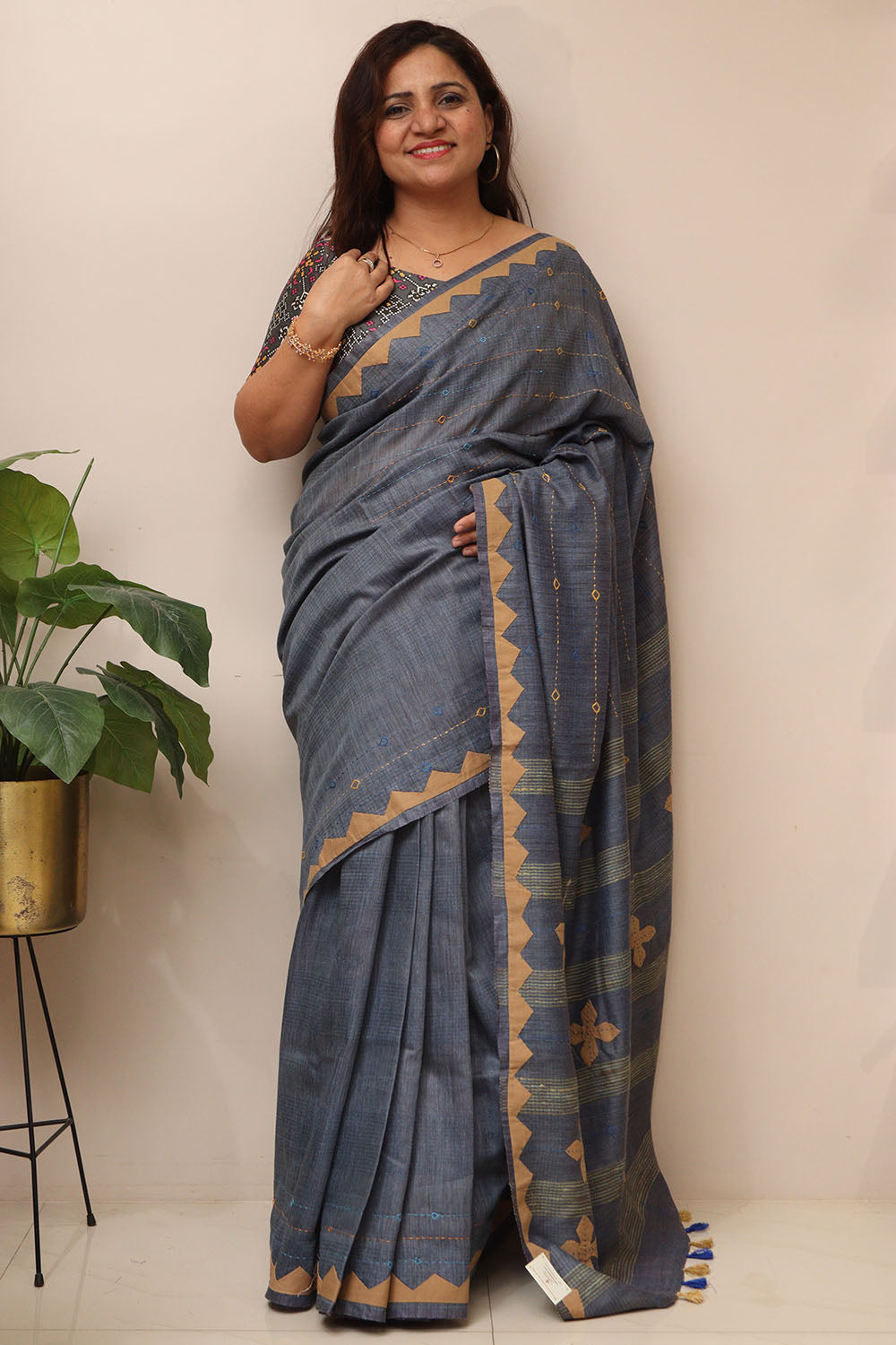 Bluish Grey Cotton Tussar Saree With Kantha Hand Applique Work - Luxurion World